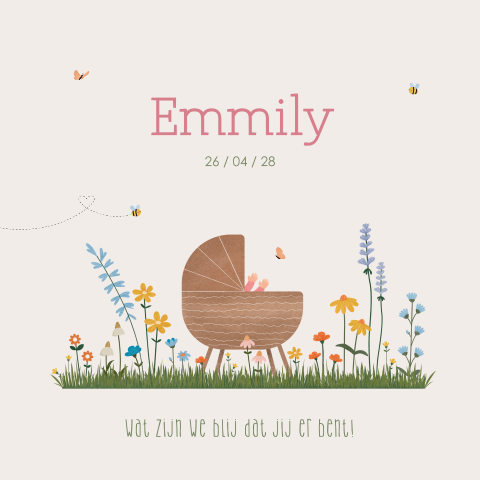 geboortekaartje Emmily met bloemen en babybedje