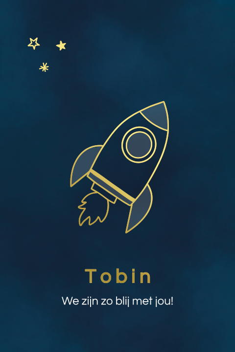 geboortekaartje Tobin met ruimteschip in goudfolie