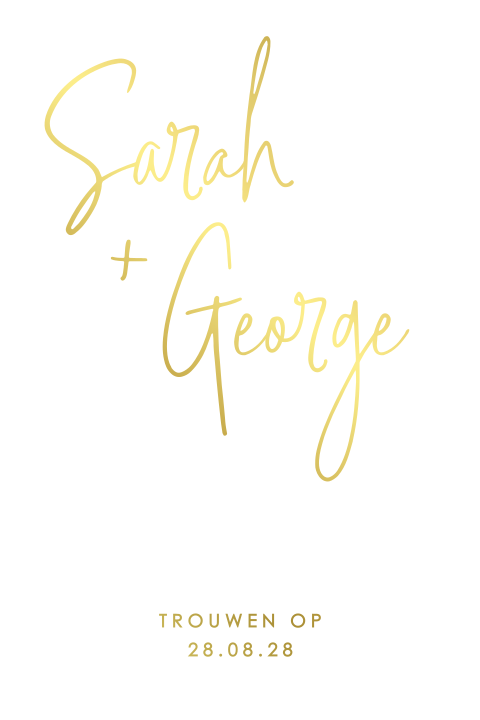 minimalistische trouwkaart met handgeschreven namen in goudfolie