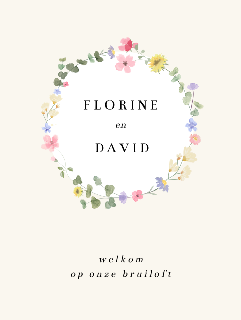 welkomsbord bruiloft met kleurrijke bloemenkrans