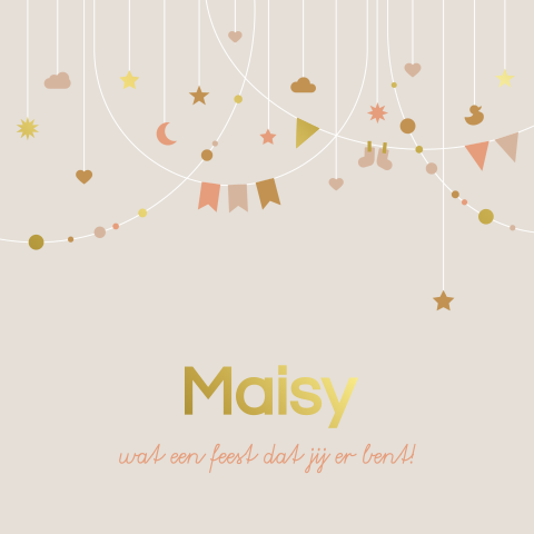 feestelijk geboortekaartje Maisy met slingers en goudfolie