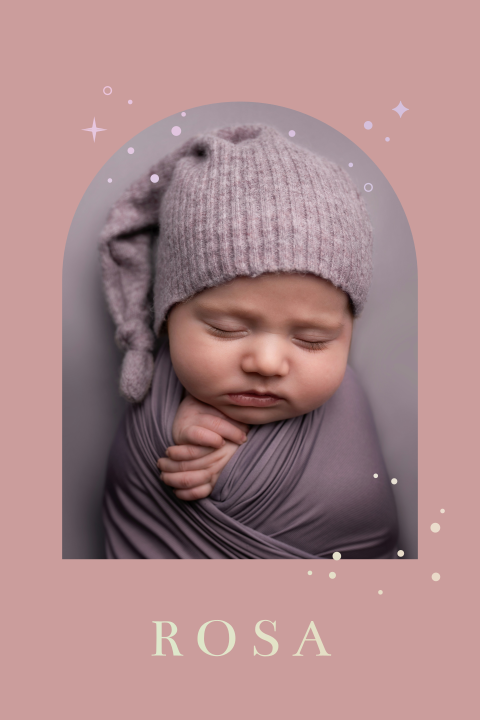 geboortekaartje Rosa met foto in boog en goudfolie