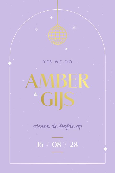 feestelijke trouwkaart met discobol en sterren met goudfolie