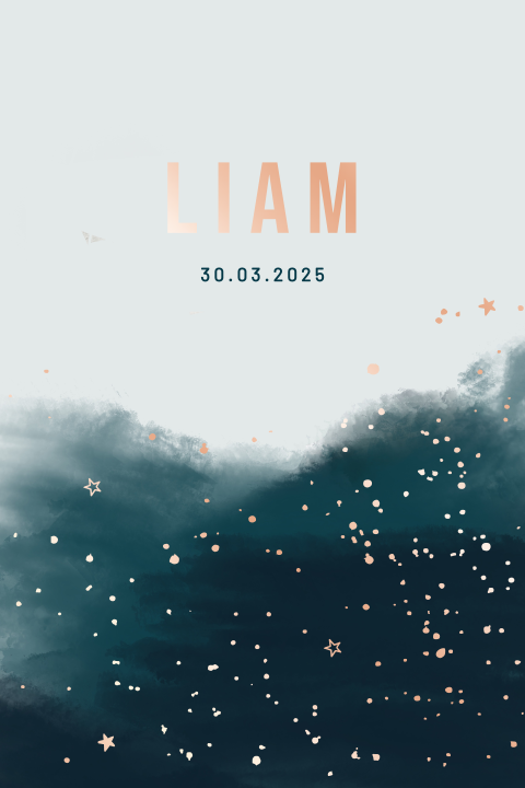 geboortekaartje Liam met verflook en roségoudfolie