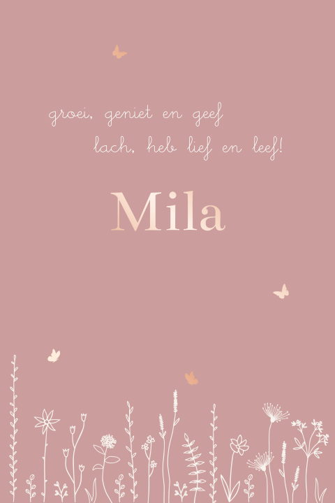 geboortekaartje Mila met veldbloemen en roségoudfolie