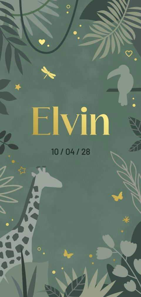 geboortekaartje Elvin jungle in groen tinten