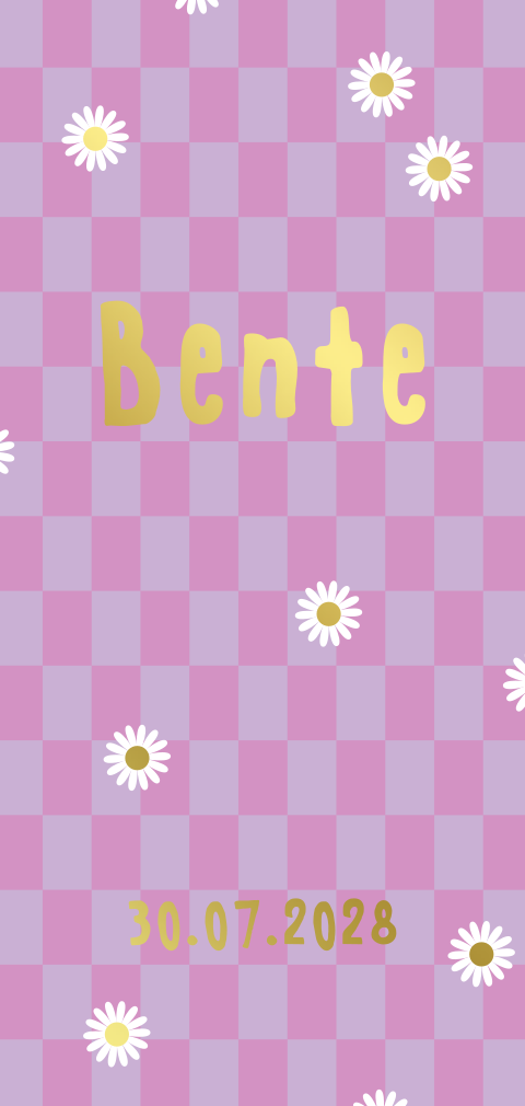 geboortekaartje Bente met ruiten achtergrond paars en bloemen