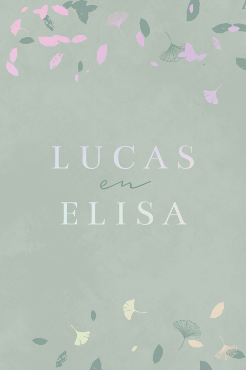 trouwkaart met groene achtergrond en bladeren in holografische folie