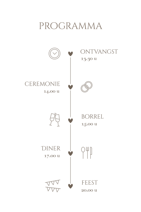 trouwkaart dagprogramma met iconen en hartjes
