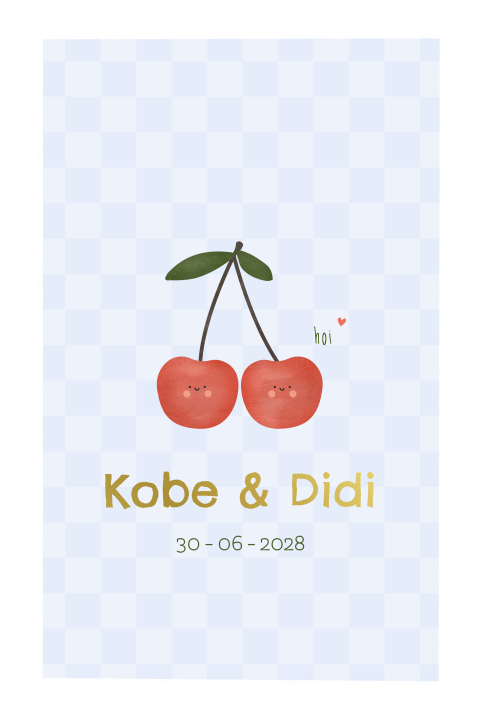 geboortekaartje tweeling Kobe en Didi met kersjes