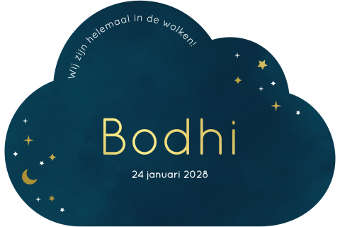 geboortekaartje in wolkvorm met sterretjes in goudfolie