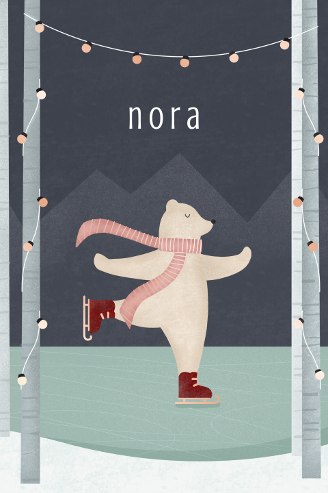 geboortekaartje meisje met ijsbeer op schaatsen en rosegoudfolie