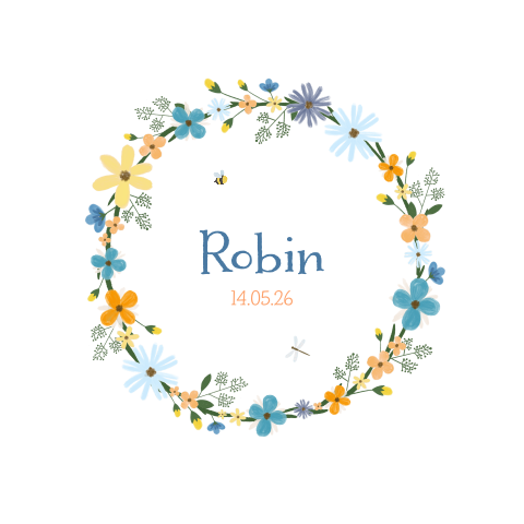 geboortekaartje met geel blauwe bloemenkrans