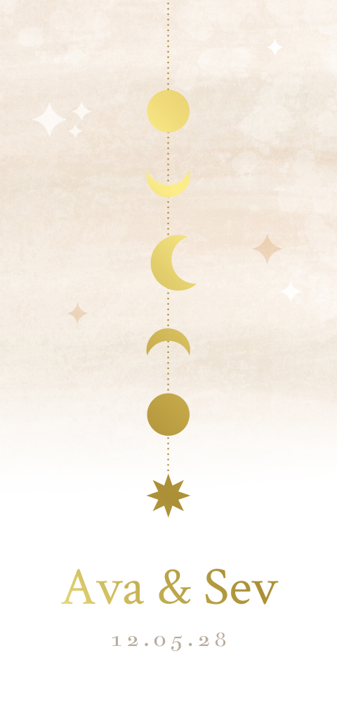 geboortekaartje Ava en Sef met maan slinger folie
