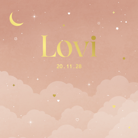 geboortekaartje Lovi met wolken en goudfolie