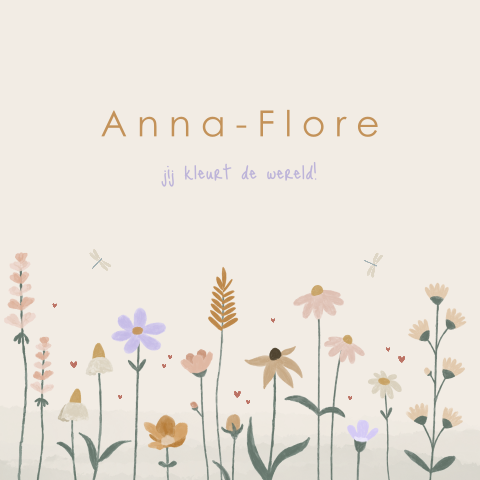 geboortekaartje met veldbloemen in zachte tinten