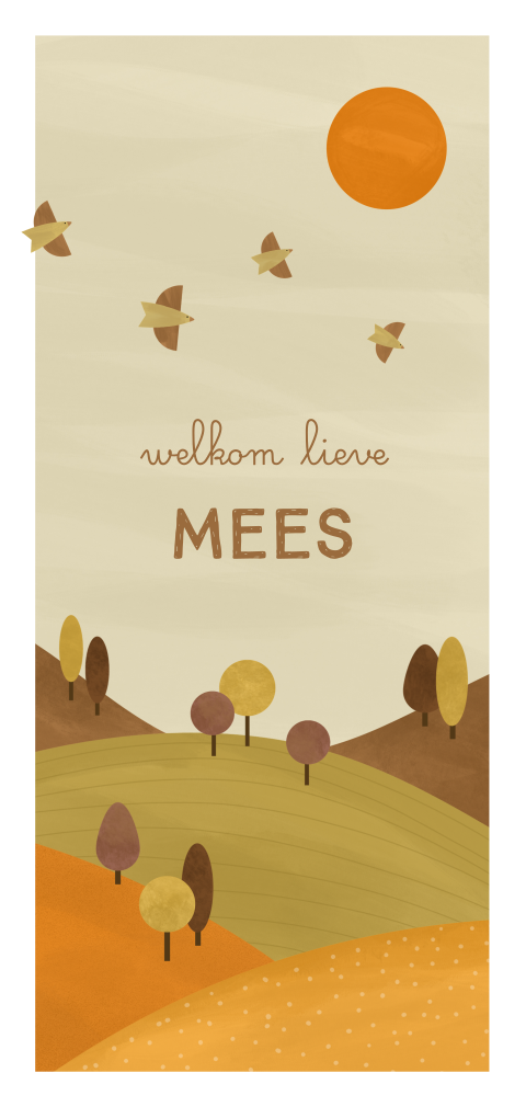 geboortekaartje Mees met landschap en vogels