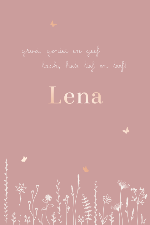 geboortekaartje Lena met veldbloemen en roségoudfolie