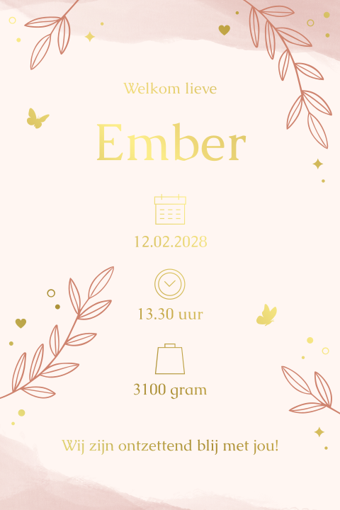 geboortekaartje Ember met sierlijke takjes en vlinders