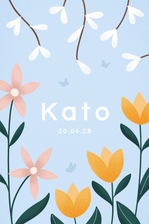 Geboortekaartje meisje met bloemen op blauwe achtergrond