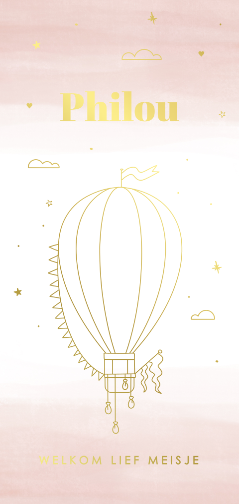 geboortekaartje Philou met luchtballon in goudfolie