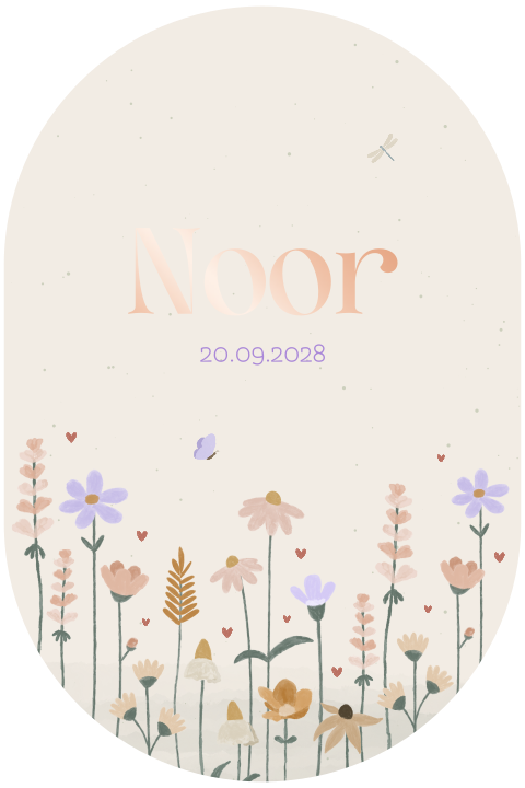 geboortekaartje Noor met veldbloemen en hartjes ovaal