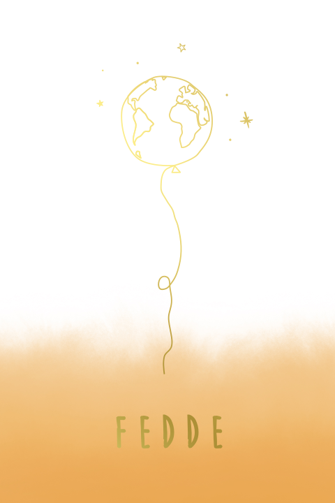 geboortekaartje Fedde met wereldbol ballon in goudfolie