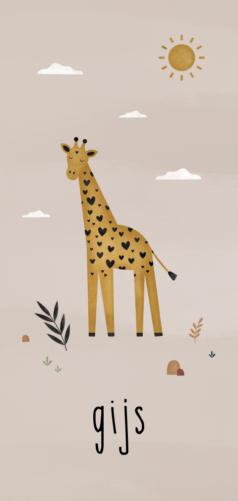 geboortekaartje jongen getekende giraffe met hartjes gijs
