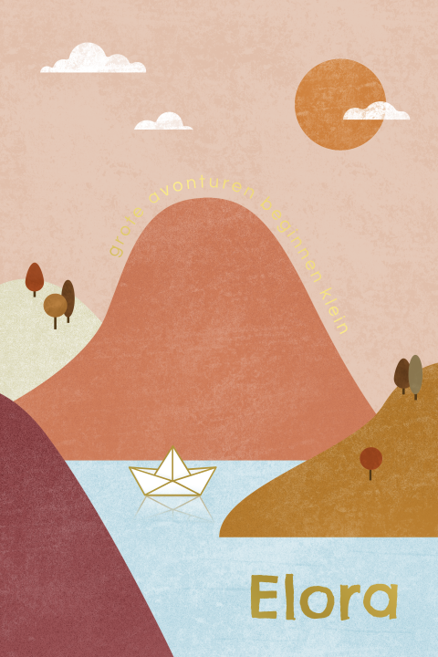 geboortekaartje Elora met bootje, bergen en goudfolie