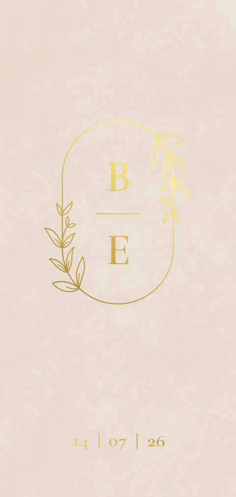 trouwkaart met krans en initialen in goudfolie