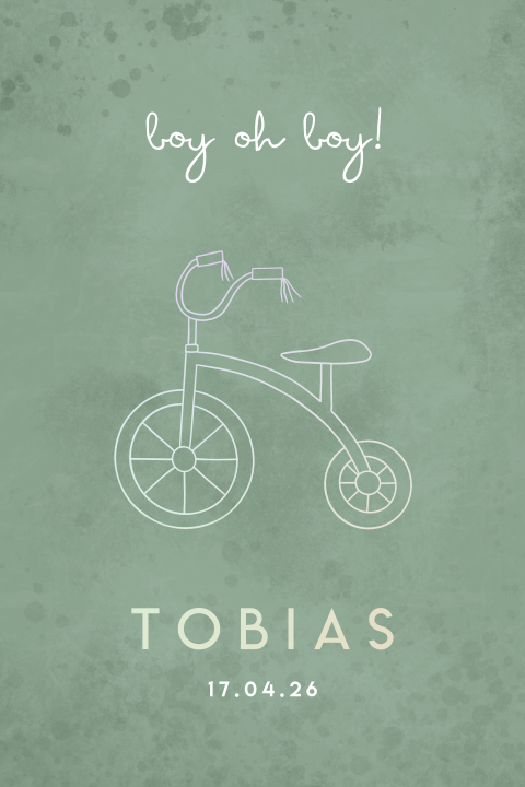 geboortekaartje Tobias met fietsje in holografische folie