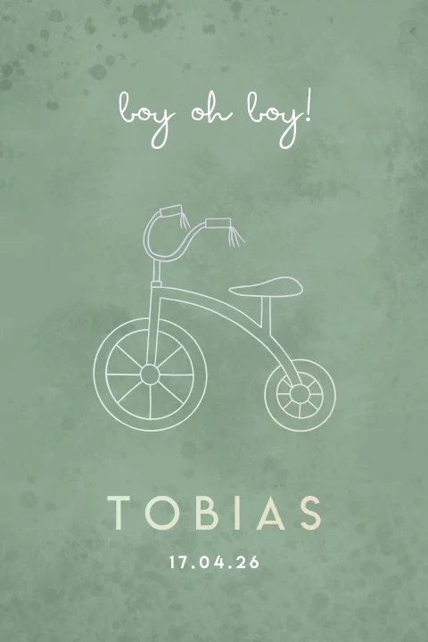 geboortekaartje Tobias met fietsje in holografische folie