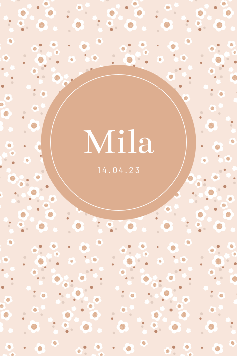 Geboortekaartje meisje met bloemenprint en naam in cirkel