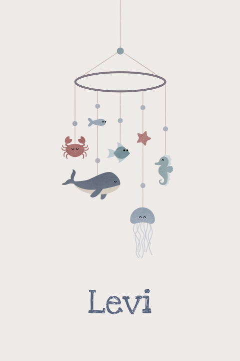 geboortekaartje Levi met babymobiel zeedieren