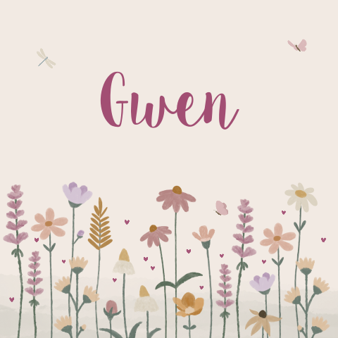 geboortekaartje Gwen met veldbloemen en hartjes in paarse tinten