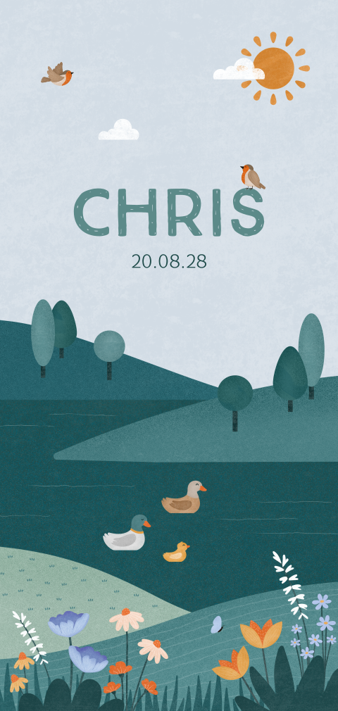 geboortekaartje Chris met een eenden familie in de natuur