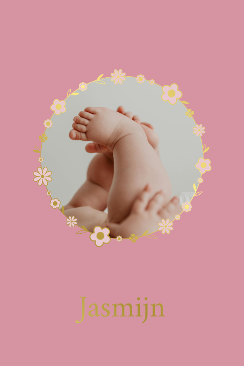 geboortekaartje Jasmijn met foto en bloemenkrans in goudfolie