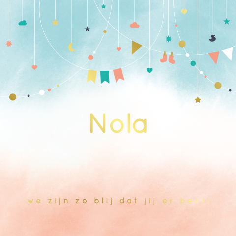 geboortekaartje Nola met slingers en goudfolie