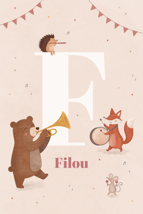 feestelijk geboortekaartje Filou met initiaal en muzikale dieren