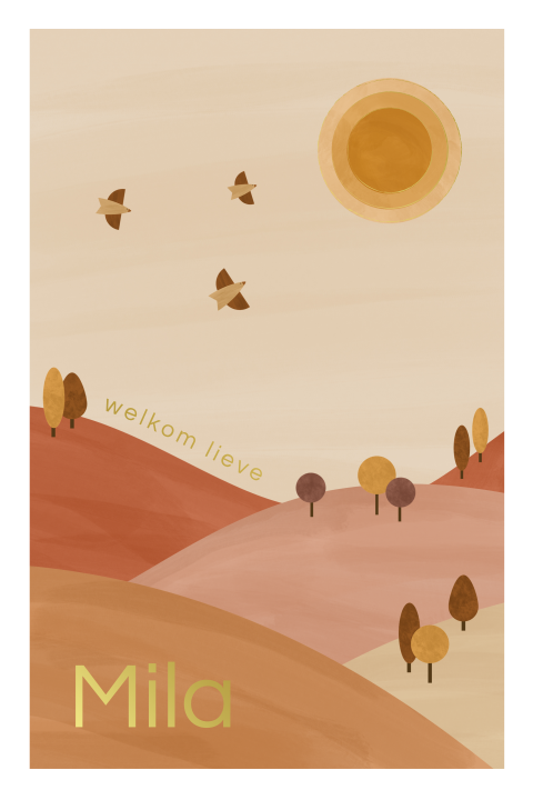 kleurrijk geboortekaartje Moira met landschap en vogels