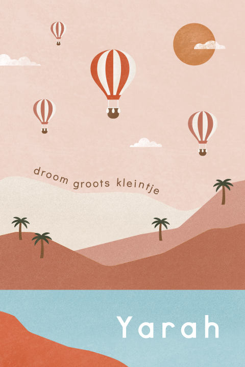 geboortekaartje met luchtballonnen en bergen
