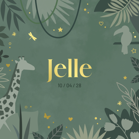 geboortekaartje Jelle jungle in groen tinten vierkant