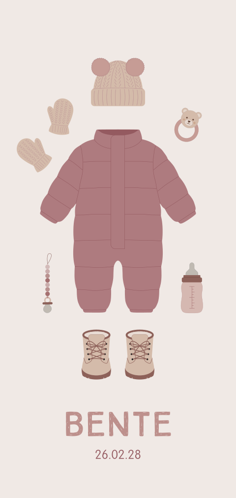 winters geboortekaartje Bente met skipak en baby accessoires