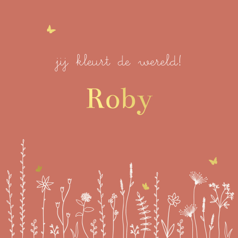 geboortekaartje Roby met veldbloemen en goudfolie