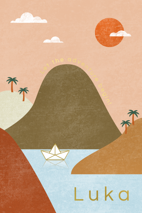 geboortekaartje Luka met bootje, bergen en goudfolie