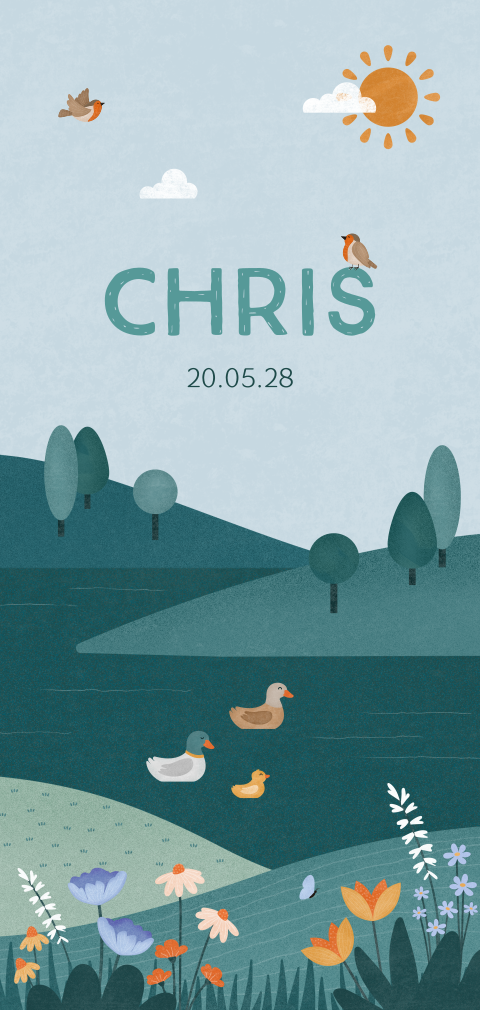 geboortekaartje Chris met een eenden familie in de natuur