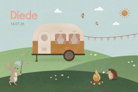 geboortekaartje Diede met caravan en bosdiertjes