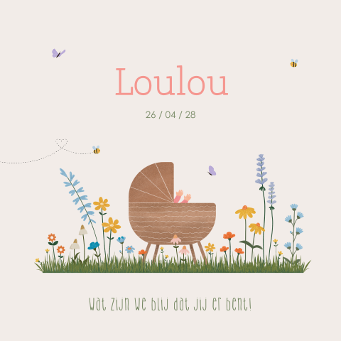 geboortekaartje Loulou met bloemen en babybedje