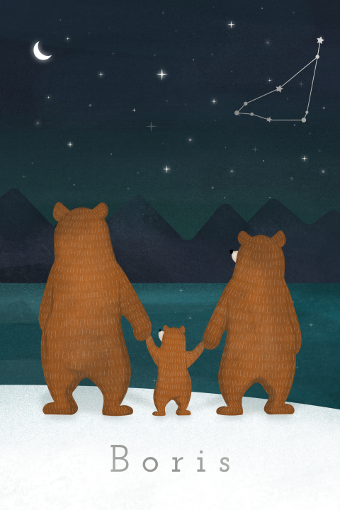 geboortekaartje Boris met beren kijkend naar sterren