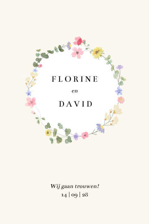 trouwkaart met kleurrijke bloemenkrans
